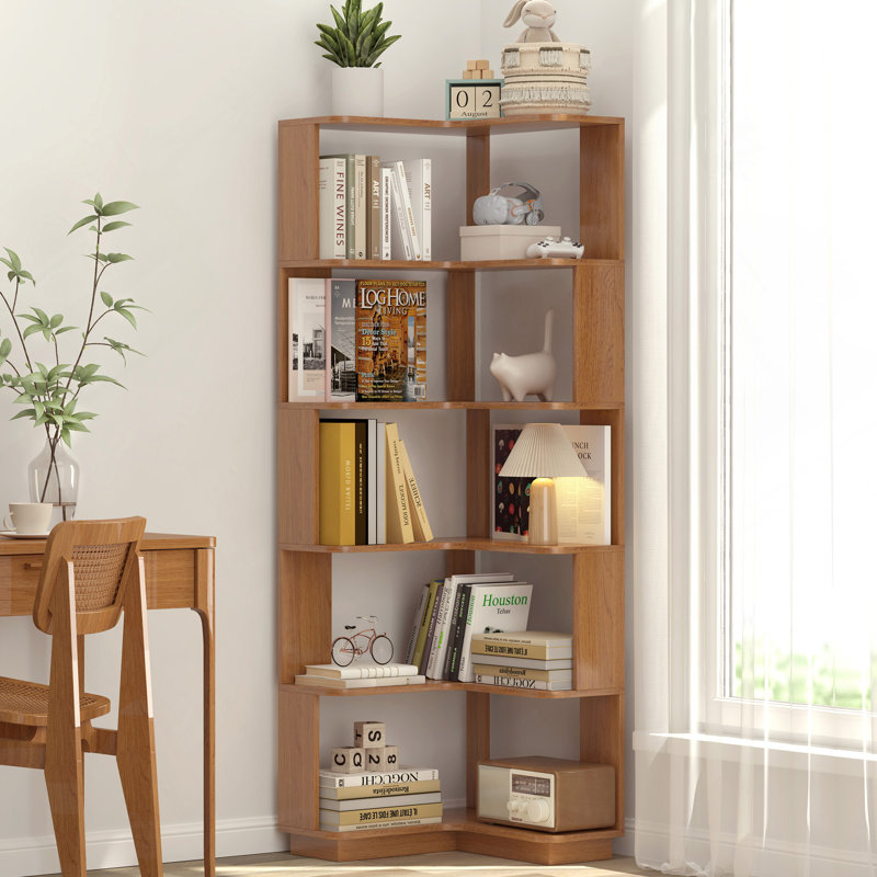 6 Tier Freestanding L-Shaped Corner Bookshelf For Living Room, Bedroom, Wooden Bookcase With Anti-Drop Panle And Anti Tipping Device, Display Shelf Open Storage Rack Organizer For Home Office DARK OAK