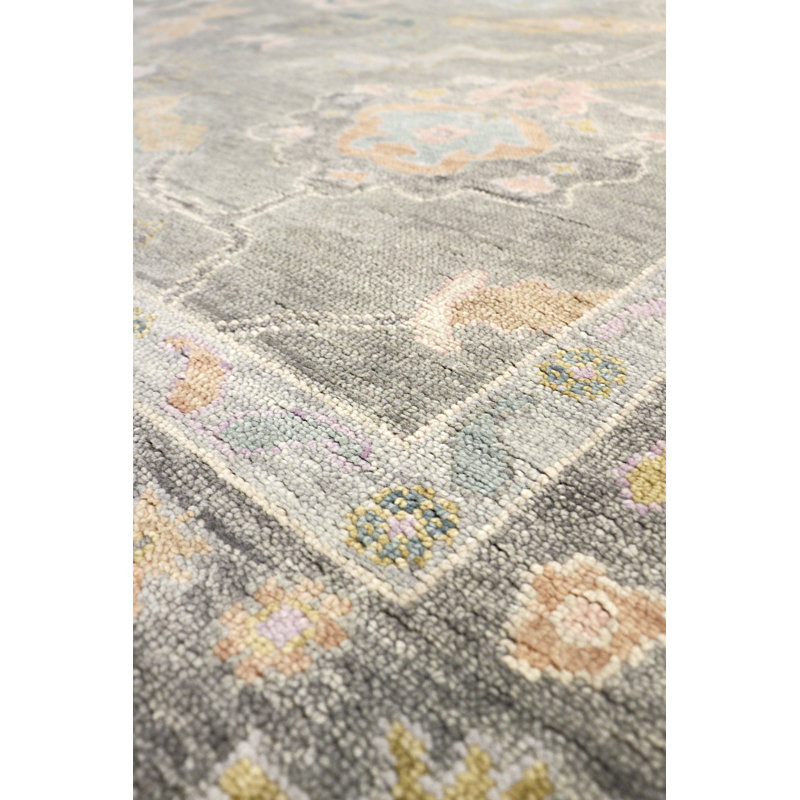 Oushak Hand Knotted Wool Floral Area Rug in Silver / Grey, Rectangle 7'11" x 9'10"