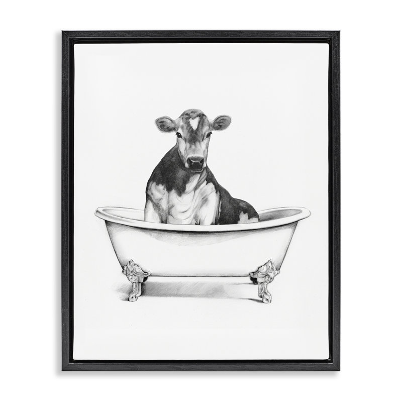  Antique Tub with Cow Framed Floater Canvas Wall Art by Victoria Borges, Jet Black Floater Frame, 21" H x 17" W