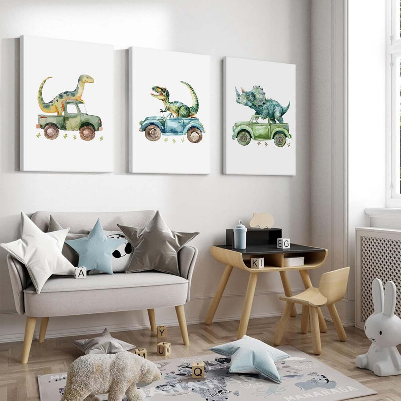 Dinosaur Nursery Wall Art Kids Canvas Poster Baby Nursery Wall Decor Dino Pictures Toddler Prints Cartoon Dino Car Painting Room Artwork For Bedroom Bathroom Ready To Hang