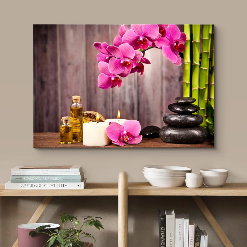 Zen Zen Stone, fleurs d'orchidées roses, huile de bain, galets de bambou, lessive, photographie de salle de bain