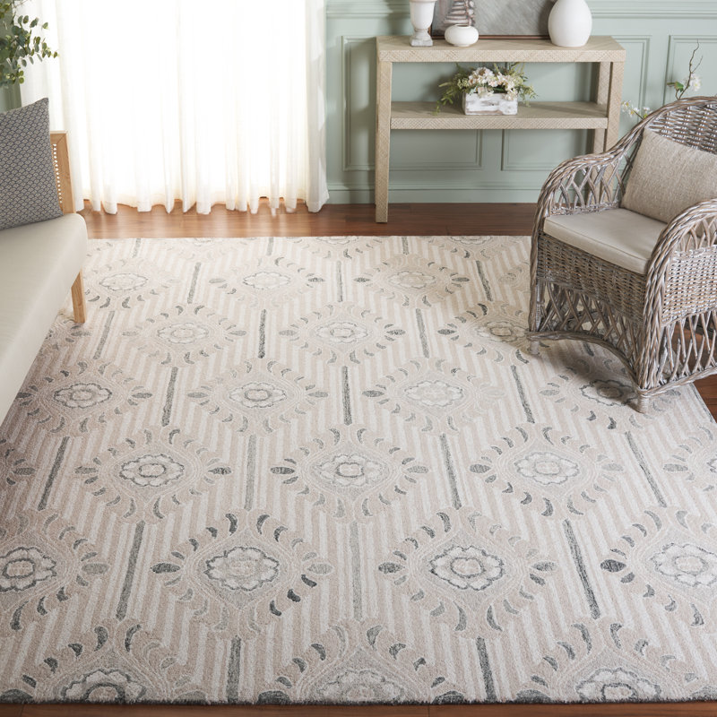 Maevry 405 Hand Tufted Wool/Cotton Damask Rug in Beige/Ivory, Rectangle 8' x 10'
