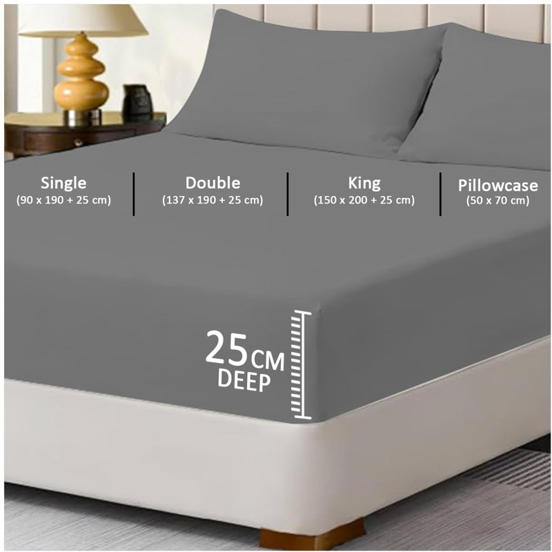Super Dreamer Fitted Sheet Pack of 2 Solid Colour Polyester Bed Sheets - Single Double King Size Machine Washable, Charcoal