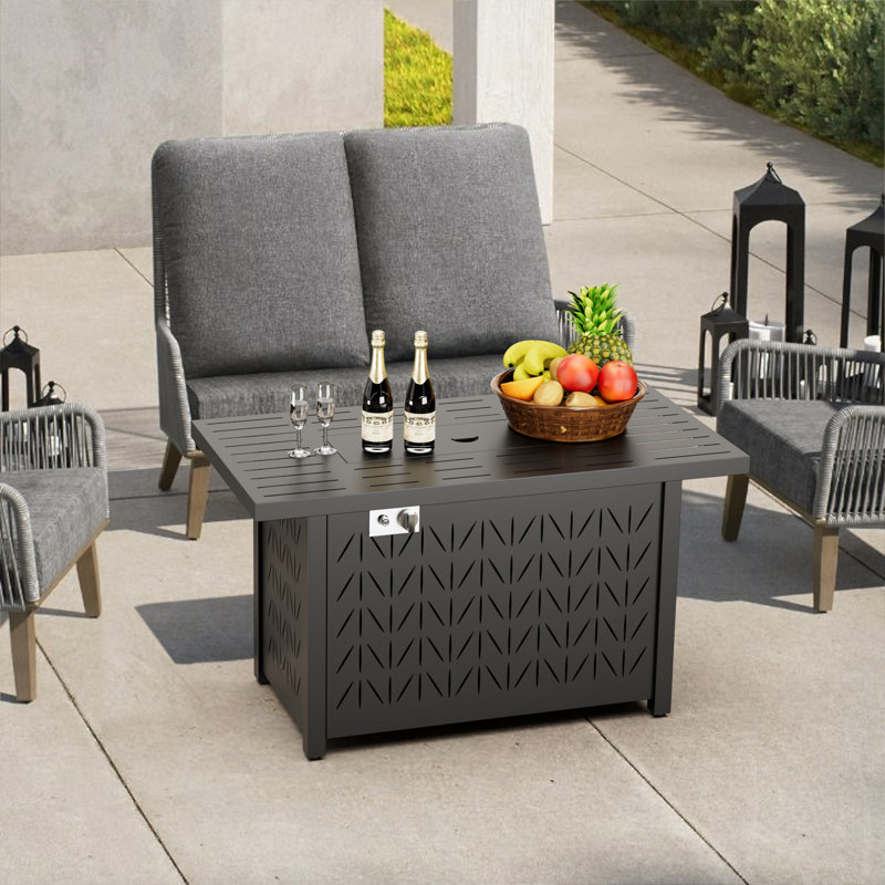 Table de foyer d'extérieur en fer au propane avec couvercle, H 25,2 po x l 43 po x P 22 po