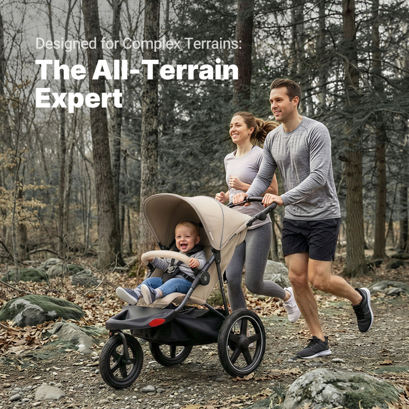 Adjustable Handlebar All-Terrain Frame Jogging Stroller For Babies & Toddlers, Beige