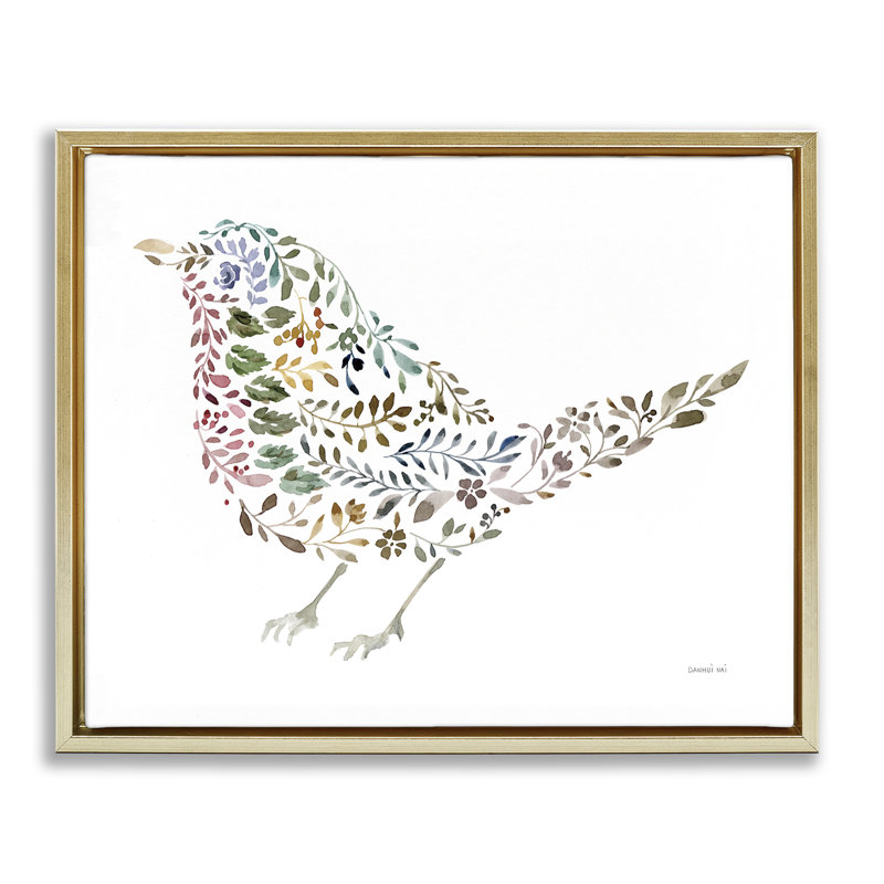 «Floral Nature Bird», art mural encadré par Danhui Nai, H 25 po x l 31 po, Cadre flottant métallique doré