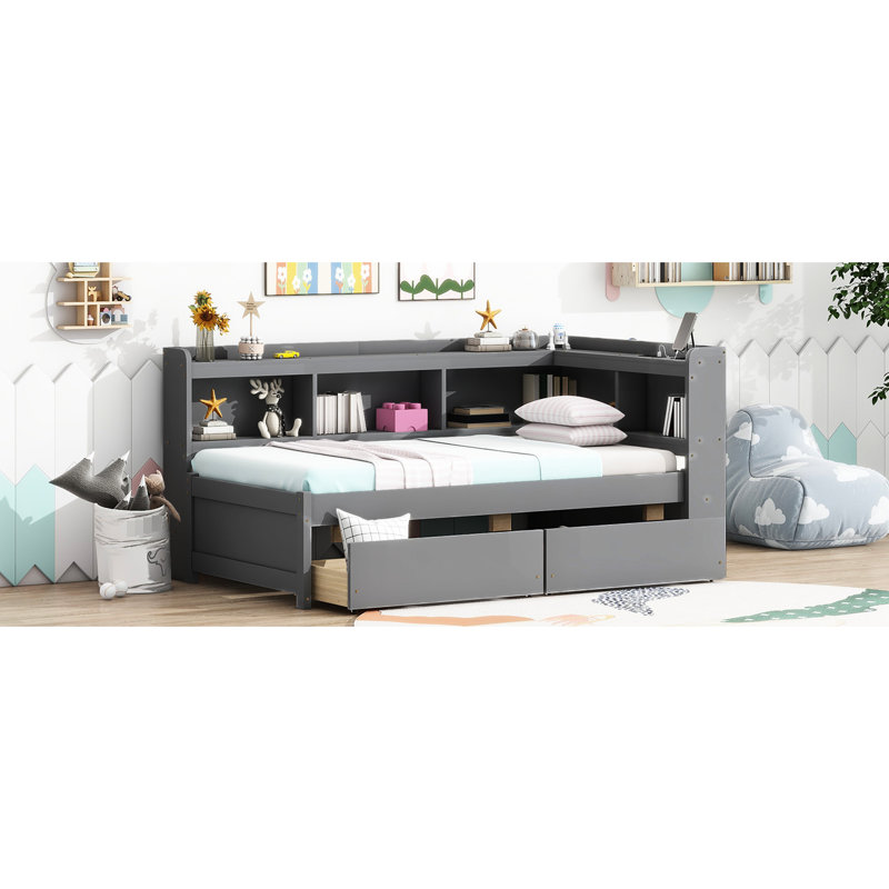 Lit simple en forme de L en gris avec 2 tiroirs - Prises de mobilier de chambre à coucher, tiroirs, pratique, Gris