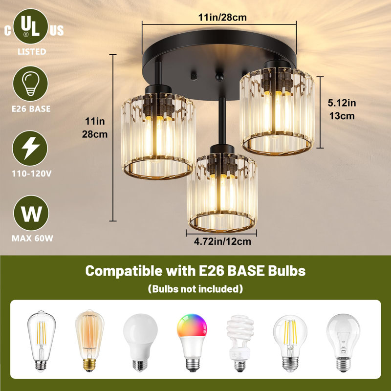Plafonnier semi-encastré 3 lumières en cristal, plafonniers de cuisine noirs, luminaires de couloir modernes avec abat-jour en cristal transparent, plafonnier près du vestibule de vestibule de chambre à coucher