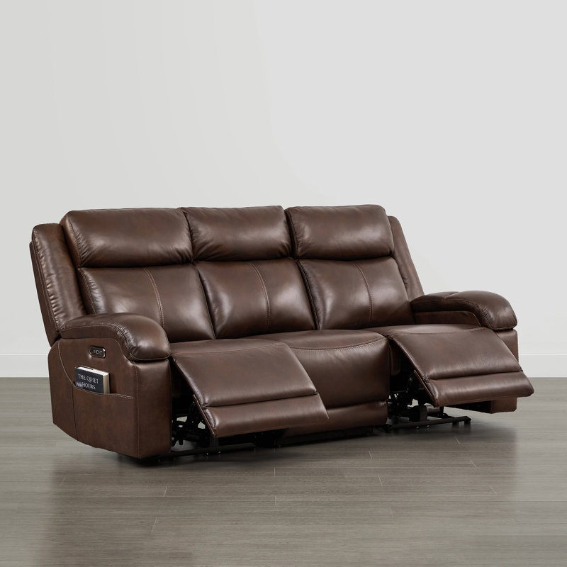 Canapé inclinable électrique 3 places en cuir pleine fleur de 85,8 pouces avec port USB pour le chargement, Brun