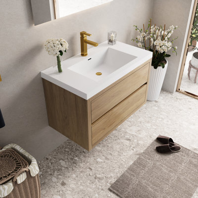 Meuble-lavabo de salle de bain 91 cm (36 po) avec design suspendu, comptoir en résine de pierre, tiroirs à fermeture douce, entièrement assemblé en chêne pour un rangement sécurisé. Lavabo, armoire, comptoir, préassemblé naturel - Grand espace de rangement, bois, sécuritaire