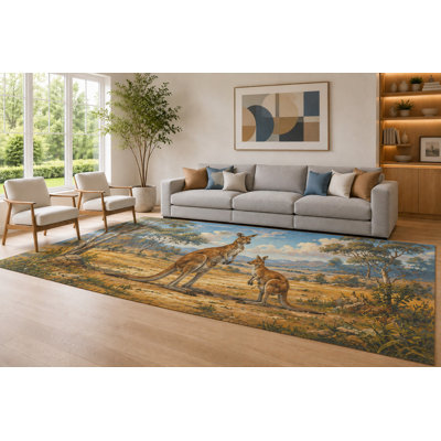 Grand tapis bleu et brun à motif de kangourous de 6 pi 7 po x 9 pi 10 po «Ultra Light Poids», tapis doux à poils courts avec envers en silicone antidérapant, décor pour la salle à manger et le bureau à domicile