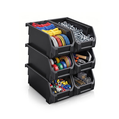 Sorbus 6 Pack Medium Open Front Stackable Garage Storage Bin – Heavy Duty Plastic Organizer Tote for Tools, Hardware & Shelving