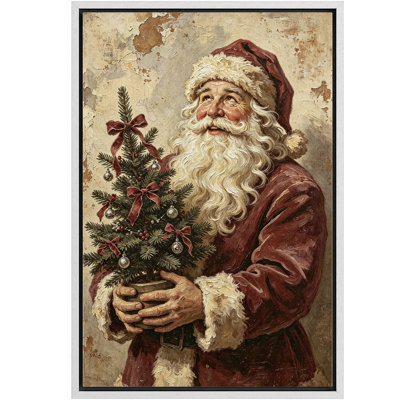 Santa Claus Holding Decorated Christmas Tree Holiday Framed Canvas Master Bedroom Wall Art Work Print