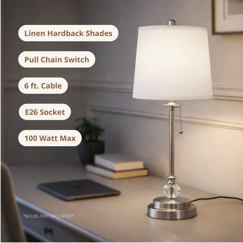 Royal Designs, Inc. 28" Buffet Table Lamps Set of 2 , Brushed Nickel Finish, Linen White Hardback Shades