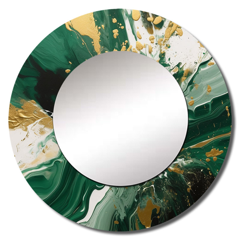 Savel vert et or liquide Magic I - abstrait mural, miroir décoratif moderne, grand miroir rond, art imprimé en métal