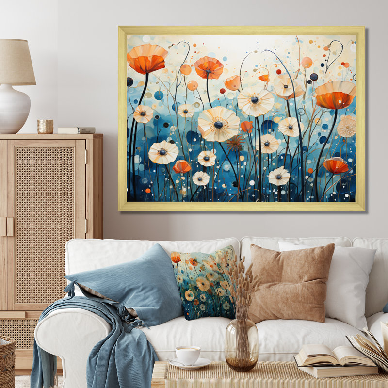 «Blue Dandelion Floral Symphony IV», reproduction sur toile, H 30 po x l 40 po x P 1,5 po, Encadrement doré