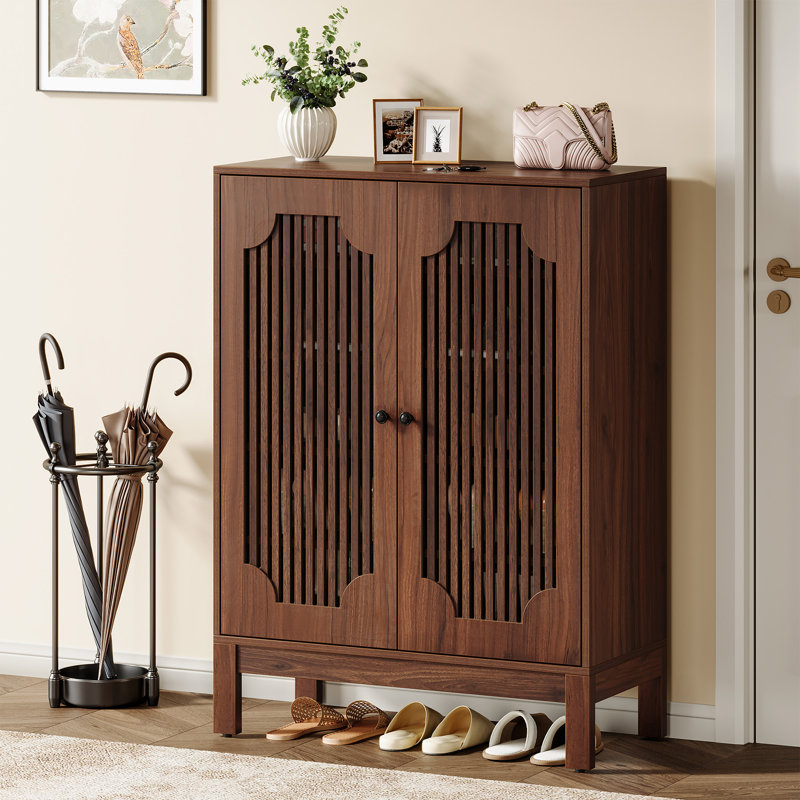 Armoire de rangement à chaussures à 6 niveaux avec portes et tablettes réglables pour le vestibule, Noyer