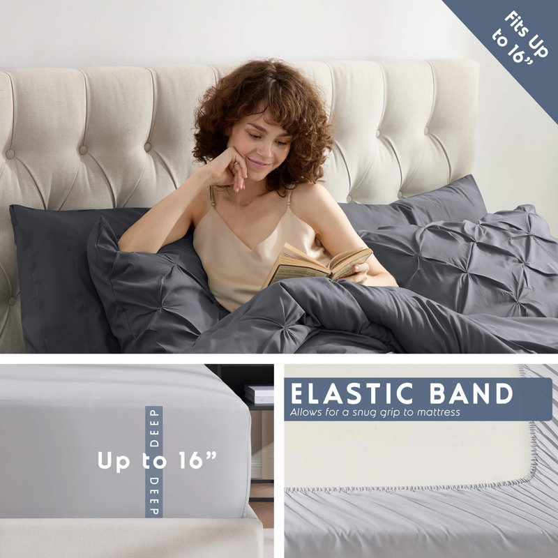 Bed-in-a-Bag Pinch Pleat Comforter Set with Bed Sheets & Down Alternative Pillows, Dark Gray