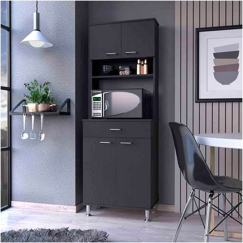 Bay Area Pantry, Two Door Cabinets, One Drawer, Four Adjustable Metal Legs, Black