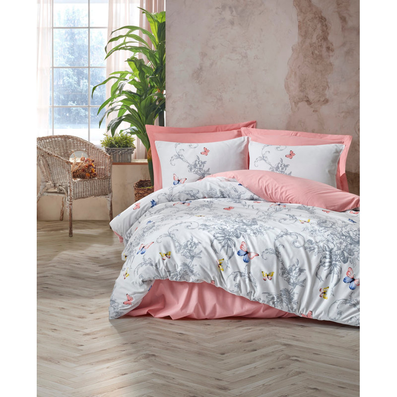 Ensemble de housse de courtepointe 100% coton Ranforce, blanc, rose et bleu, 79 po x 87 po | Comprend 2 taies d'oreiller (20 po x 28 po) | Lavable à la machine, 145 fils, fermeture à boutons | Literie douce et élégante pour le confort