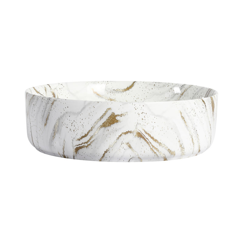 Bathroom's Above Counter Ceramic Art Sink, Three - Layer Glaze, High Temperature Fired, 15.7 In Depth, 18.9 Lb Weight, Stylish Design Basin For Bathroom, Featuring Golden Lines On White, Quality