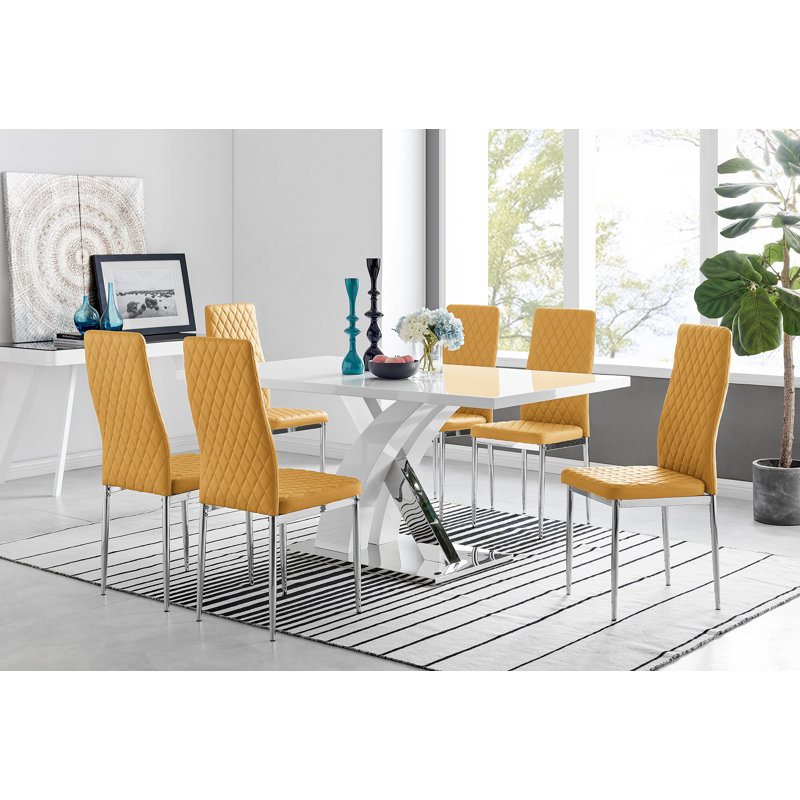 Marietta Chrome Metal & White High Gloss Dining Table Set - 6 Soft Touch Faux Leather Dining Chairs, Mustard/Silver