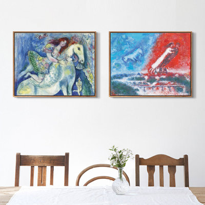 Framed Canvas Giclee Print Art Combo Painting 2 Pieces by Marc Chagall Wall Art Series#10 for Living Room Home Office Decorations(Wood Color Slim Frame,24"x32" Each Piece)