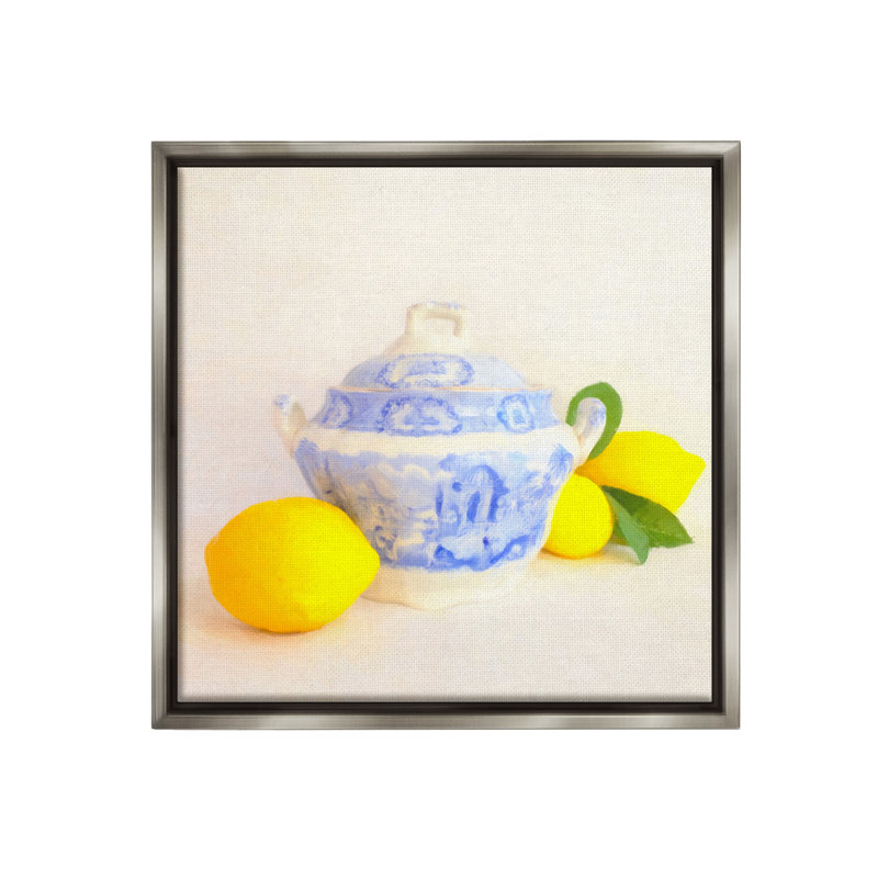 "Citrons et poterie ornée" par Graffitee Studios sur toile, H 18 po x l 18 po, Cadre flottant gris lustré
