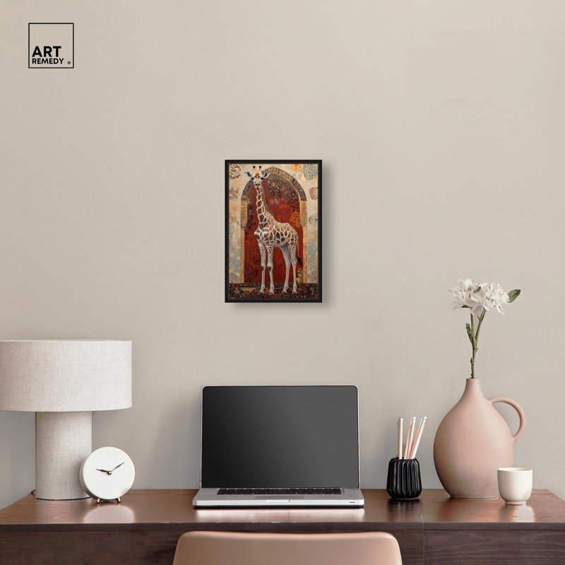 Girafe sur toile, art floral élégant par Art Remedy, Cadre flottant noir, H 16 po x l 11 po