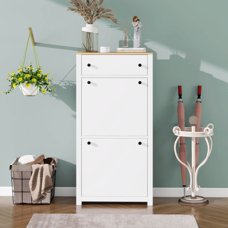 Free Standing Shoe Rack With 2 Flip Drawers And Adjustable Panel, Wood Grain Pattern Top Cabinet, Functional Entryway Organizer