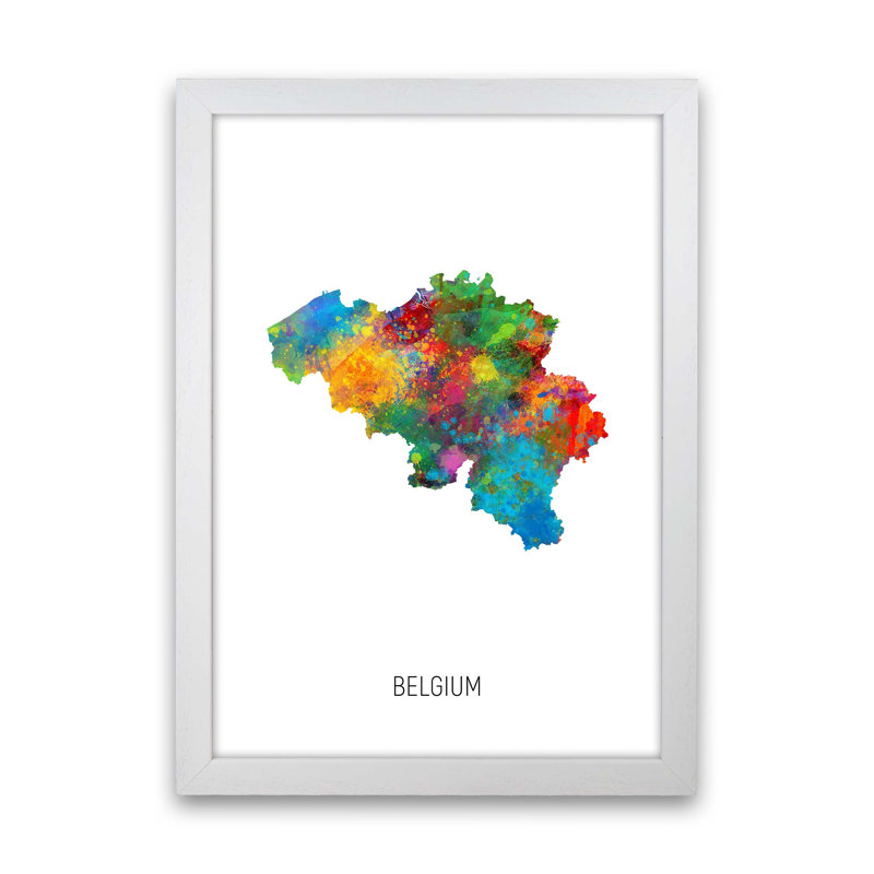 Belgium Watercolour Map by Michael Tompsett - Print, White Framed, 34cm H x 25cm W x 3cm D