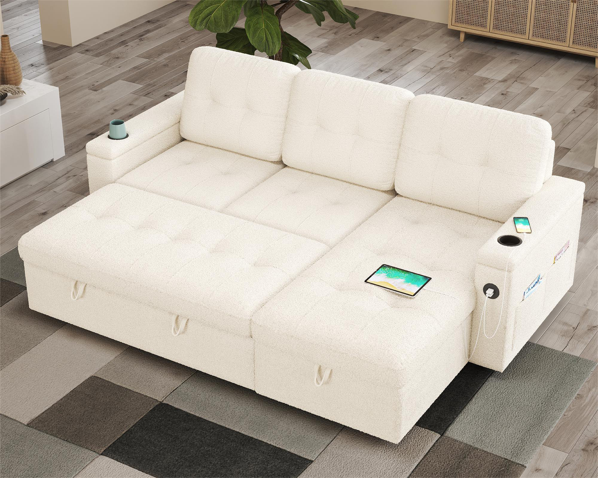 Sleeper Sofa Bed, 84 Inch Pull Out Couch With 2 USB & Cup Holders, Tufted L Shape Convertible Sofa With Storage Chaise