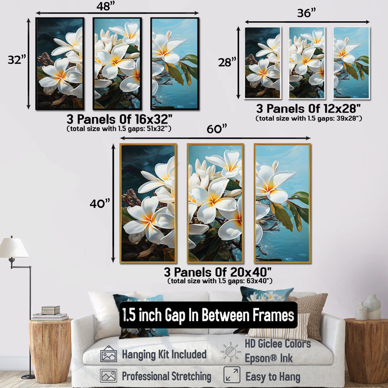 Méticuleusement rendu blanc Plumeria Blossoms - ensemble de reproduction d'art mural Plumeria, H 32 po x l 48 po x P 1 po