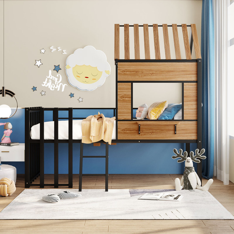 Loda Twin Low House Loft Bed with Roof and Ladder, Black