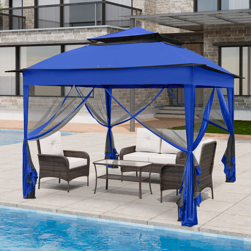 11 Ft. W x 11 Ft. D Outdoor Pop Up Soft Top Steel Patio Gazebo with Netting, Blue