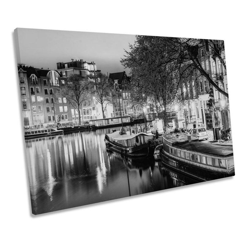 Amsterdam Canal City Night B&W - Wrapped Canvas Print, 61cm H x 91.4cm W x 4cm D