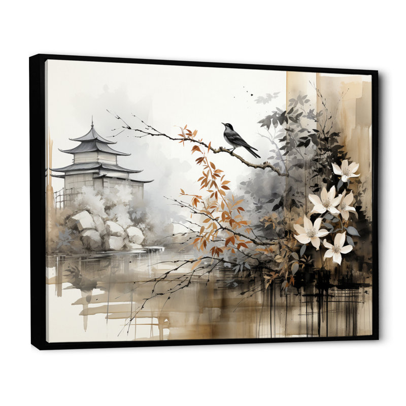Asian Art Sumi Bird Serenity I - Art mural asiatique, H 12 po x l 20 po x P 1 po, Cadre flottant noir
