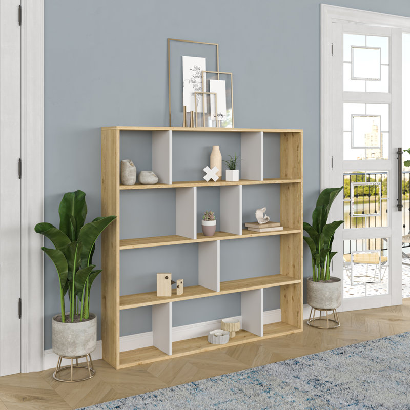 Modern Oak w/ White Bookshelf, 57.1 x 9.8 x 57.1 inches | 100% Melamine Coated Particle Board, Thickness: 0.7 inches | Numerous Shelves, Wall-Mountable Design | Stylish Scandinavian Furniture for Home w/ Office