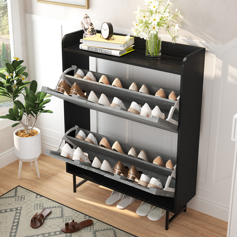  Shoe Storage Cabinet With 2 Flip Drawers, Wooden Shoe Rack Organizer Cabinet With Adjustable Shelf, Narrow Shoe Cabinet For Entryway, Hallway, Living Room (Grey)