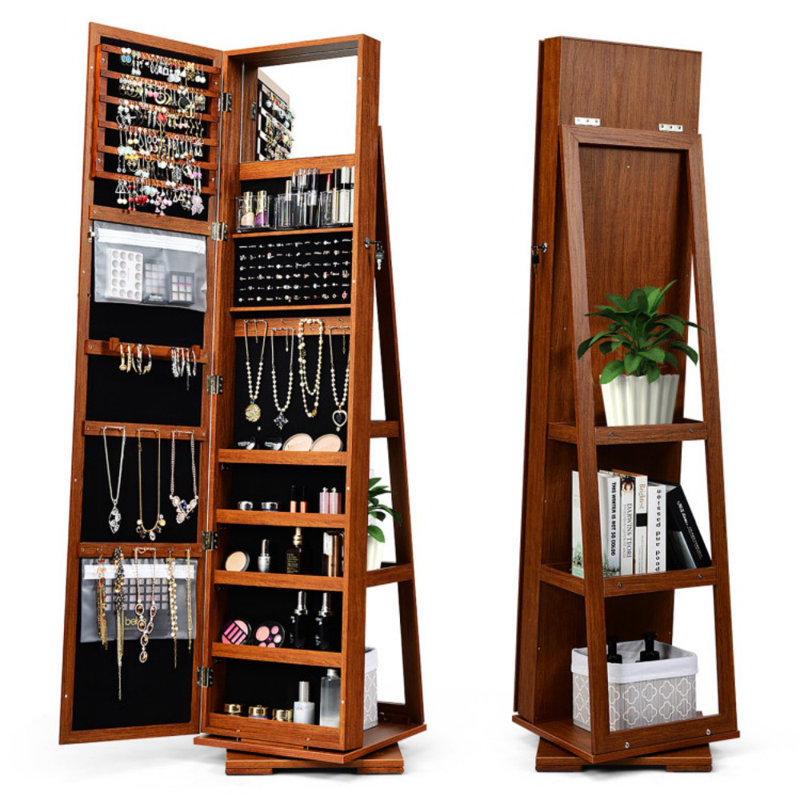 Armoire à bijoux verrouillable 360 ° 2-en-1 avec miroir pleine grandeur, Brun