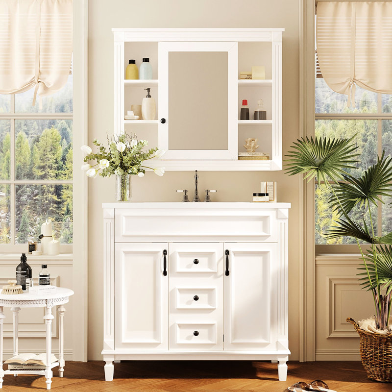Meuble-lavabo 36 po avec lavabo et miroir, Crème