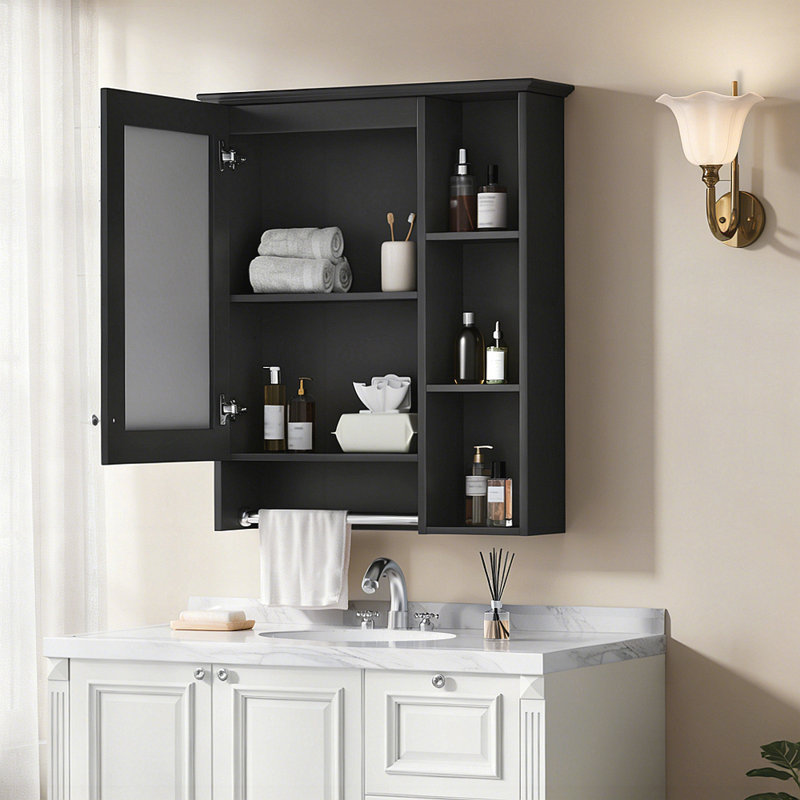 Armoire de toilette 3 en 1, fixation murale 24 po avec tablette réglable et barre à serviettes, miroir haute définition pour meuble-lavabo