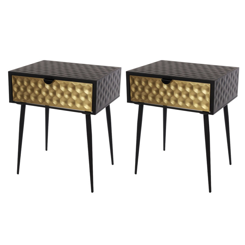 Set of 2 Jupiter Metal 1-Drawer Bedside Tables, Black with Gold-Effect Drawer