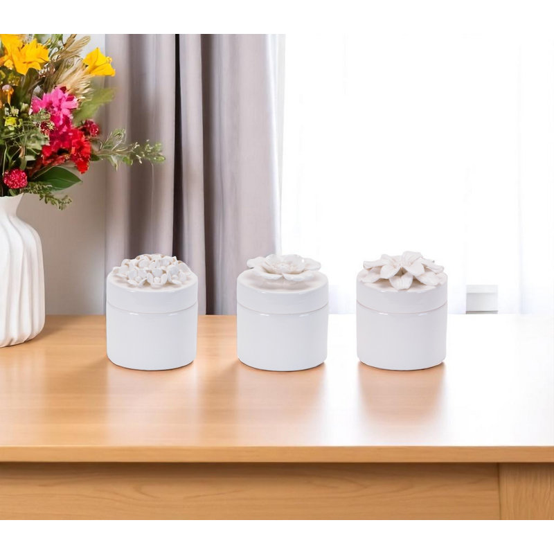 Normant Set of Three White Ceramic Flowers Decorative Keepsake Boxes