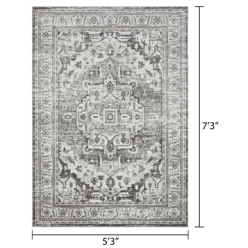 Tapis oriental gris en polypropylène tissé à la main Ragheb, Rectangle 5 pi 3 po x 7 pi 3 po