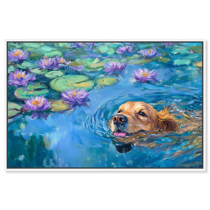 «Watery Wag II» par Van Remo, H 25 po x l 37 po, Cadre blanc
