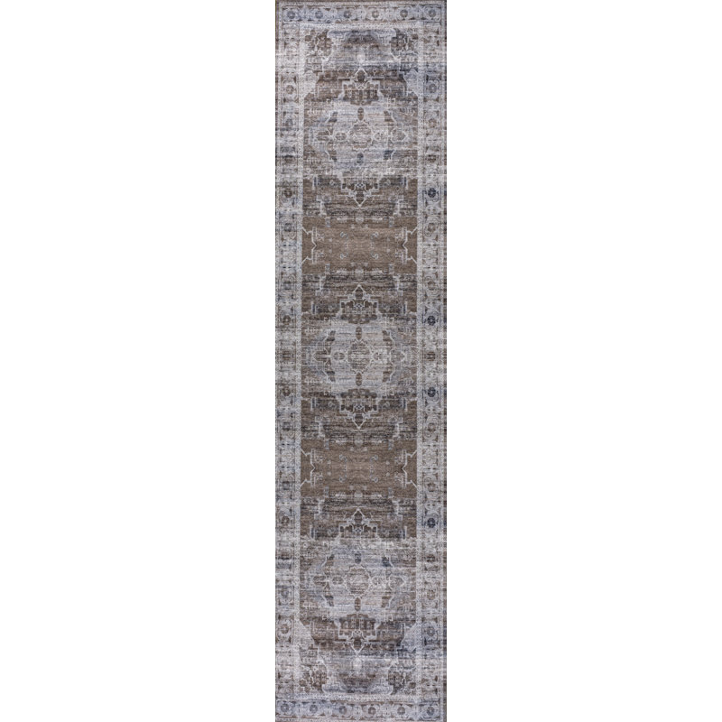 Alanya Ornate Medallion Machine-Washable Brown/Light Gray Rug, Runner 2' x 8'