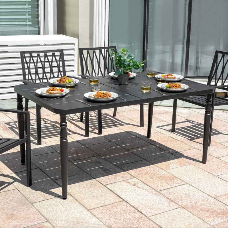 Table de salle à manger d'extérieur rectangulaire en métal thermolaqué avec trou pour parasol, Noir