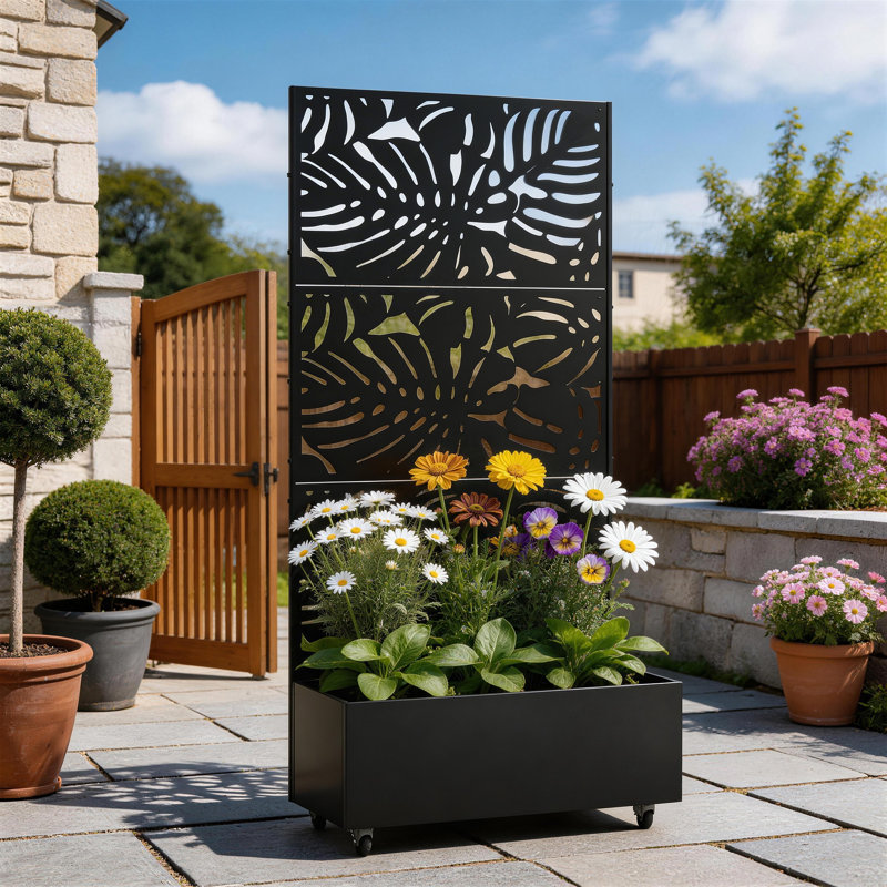 Truett Metal Planter Box with Trellis and Wheels, 70.8" H x 35.5" W x 15.7" D, Black