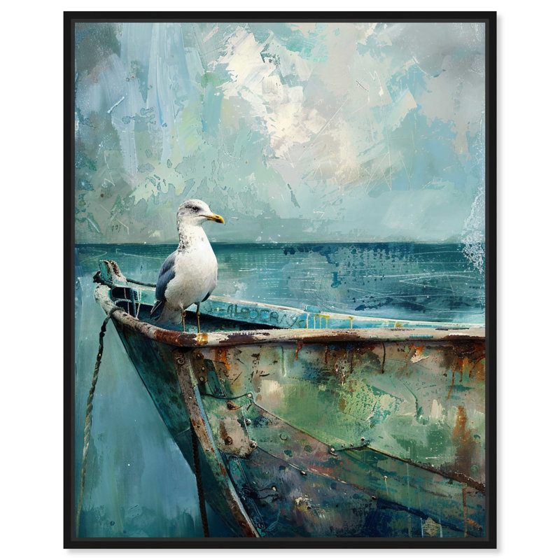 Seagull and Boat Coastal Canvas Art with Silver Frame